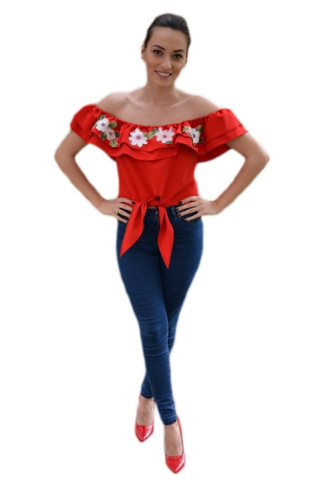 Bluza cu talie scurta, decolteu drept, D&J Exclusive, Rosu