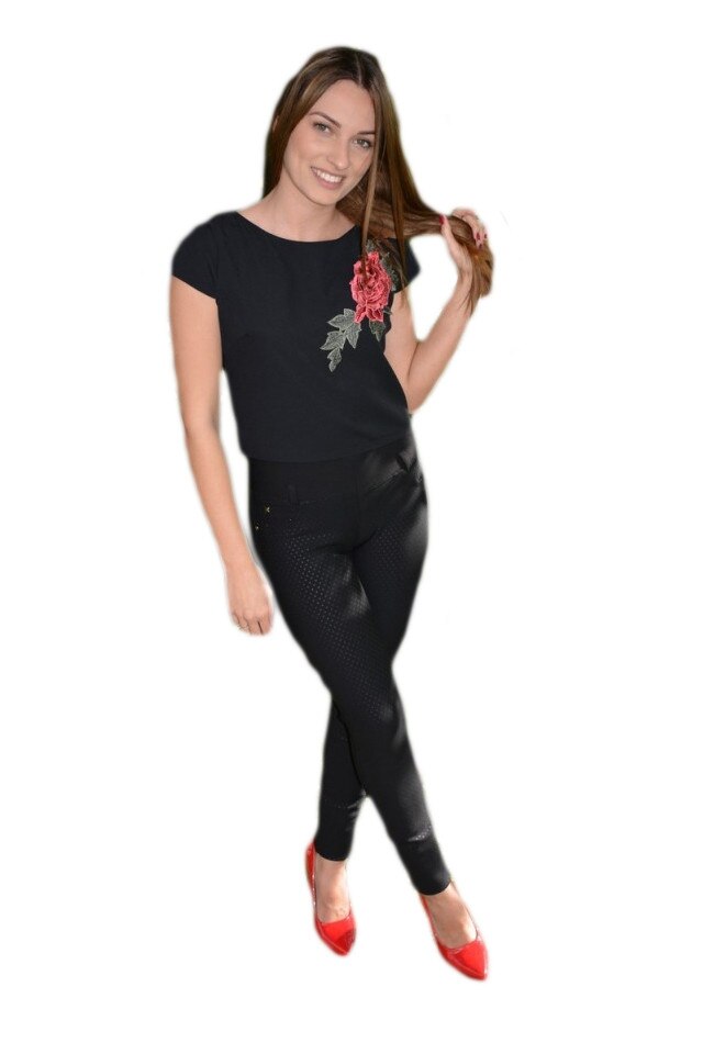 Bluza scurta in talie cu design de floare, D&J Exclusive, Negru