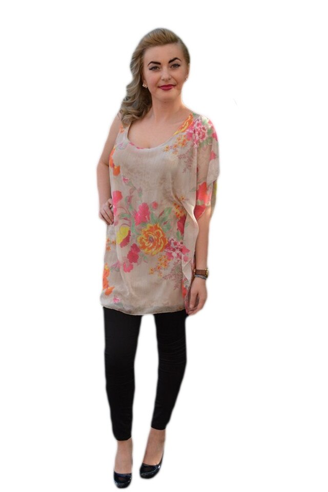 Bluza cu fluturi mari si maneci asimetrice, D&J Exclusive, Bej/Corai