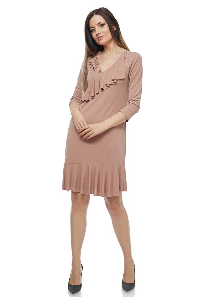 Rochie modal cu volane roz, Roz prafuit