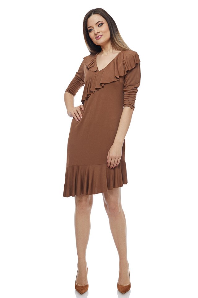 Rochie modal cu volane maro, Maro