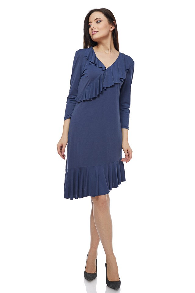 Rochie modal cu volane bleumarin, Albastru marin