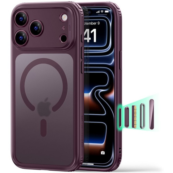 Husa ESR Classic Compatibila Cu iPhone 18 Pro, Functie MagSafe, Protectie La Camera, Kit Curatare Upzz®, Burgundy
