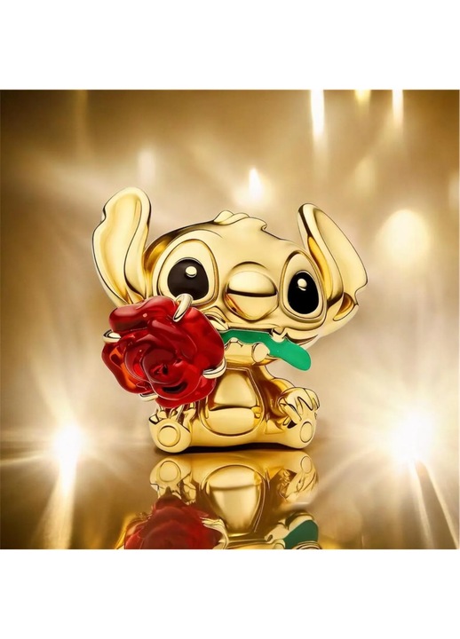 Talisman Compatibil Pandora Moments SUPER TRENDS®, Charm Stitch с Червена Роза, Талисман за Гривна от Сребро 925, Стъкло тип Мурано и Цветен Емайл, Charm Съвместим с Pandora, Модел Анимиран Герой, Червен, Златист