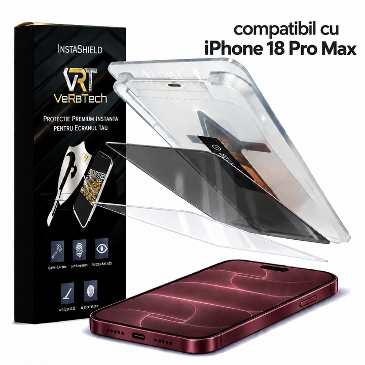 Folie de Protectie Privacy, InstaShield by VeReTech pentru iPhone 18 Pro Max, cu Kit de Aplicare Instanta si Functie Automata de Indepartare a Prafului, din Sticla Securizata 9H+, Claritate Super HD, Tratament Electronic Oleofobic si Anti Amprente