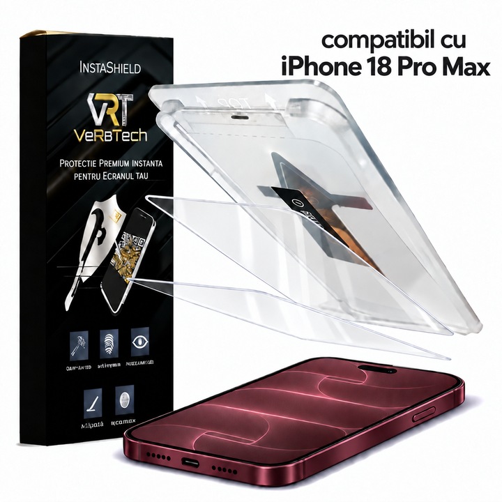 Folie de Protectie Clear, InstaShield by VeReTech pentru iPhone 18 Pro Max, cu Kit de Aplicare Instanta si Functie Automata de Indepartare a Prafului, din Sticla Securizata 9H+, Claritate Super HD, Tratament Electronic Oleofobic si Anti Amprente