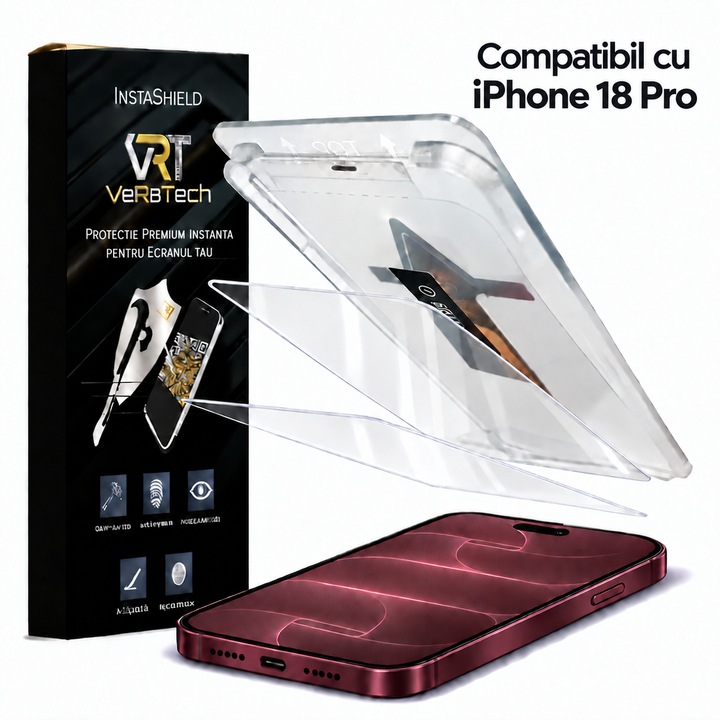 Folie de Protectie Clear, InstaShield by VeReTech pentru iPhone 18 Pro, cu Kit de Aplicare Instanta si Functie Automata de Indepartare a Prafului, din Sticla Securizata 9H+, Claritate Super HD, Tratament Electronic Oleofobic si Anti Amprente