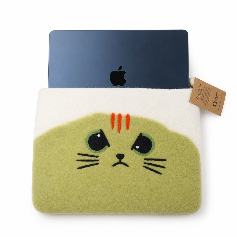 Handmade ART, Husa laptop din pasla cu fermoar si model pisica Grumpy FLTP-02, crem/verde, 14 inch
