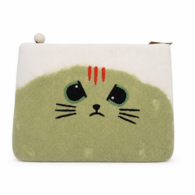 Handmade ART, Husa laptop din pasla cu fermoar si model pisica Grumpy FLTP-02, crem/verde, 14 inch