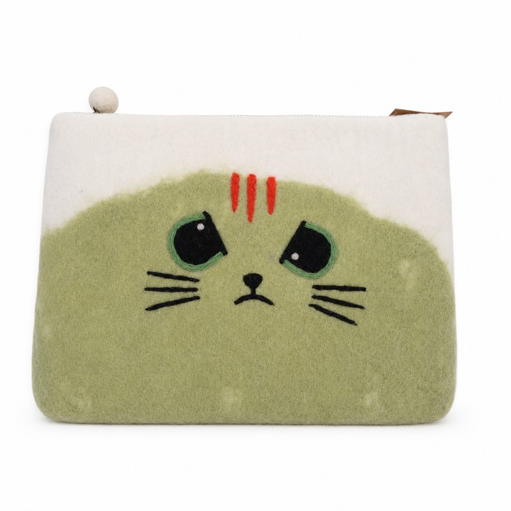 Handmade ART, Husa laptop din pasla cu fermoar si model pisica Grumpy FLTP-02, crem/verde, 14 inch