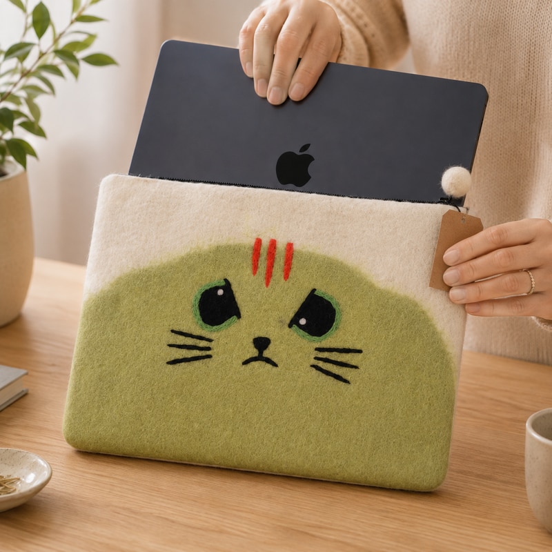 Handmade ART, Husa laptop din pasla cu fermoar si model pisica Grumpy FLTP-02, crem/verde, 14 inch