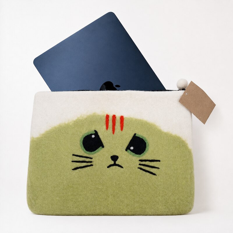 Handmade ART, Husa laptop din pasla cu fermoar si model pisica Grumpy FLTP-02, crem/verde, 14 inch