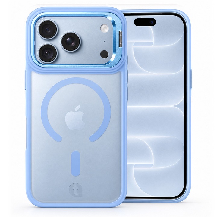 Husa de protectie TelefonulTau® pentru Apple iPhone 18 Pro / 17 Pro, compatibila MagSafe, Stand Camera Rabatabil, Bumper Camera, Inel Magnetic, Calitate Premium, Light Blue