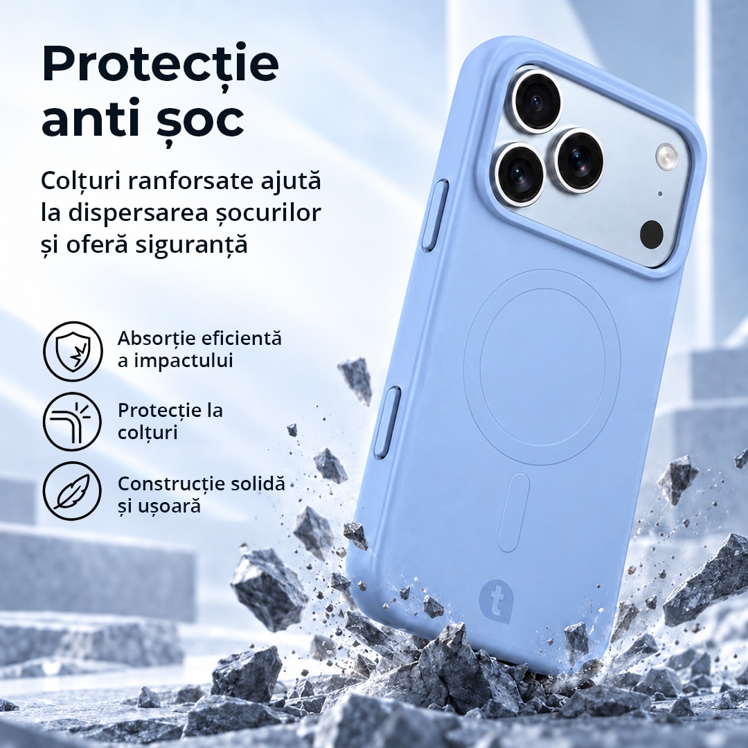 Husa de protectie TelefonulTau® pentru Apple iPhone 18 Pro / 17 Pro, compatibila MagSafe, Bumper Camera, Design Slim, Silicon Premium, Light Blue