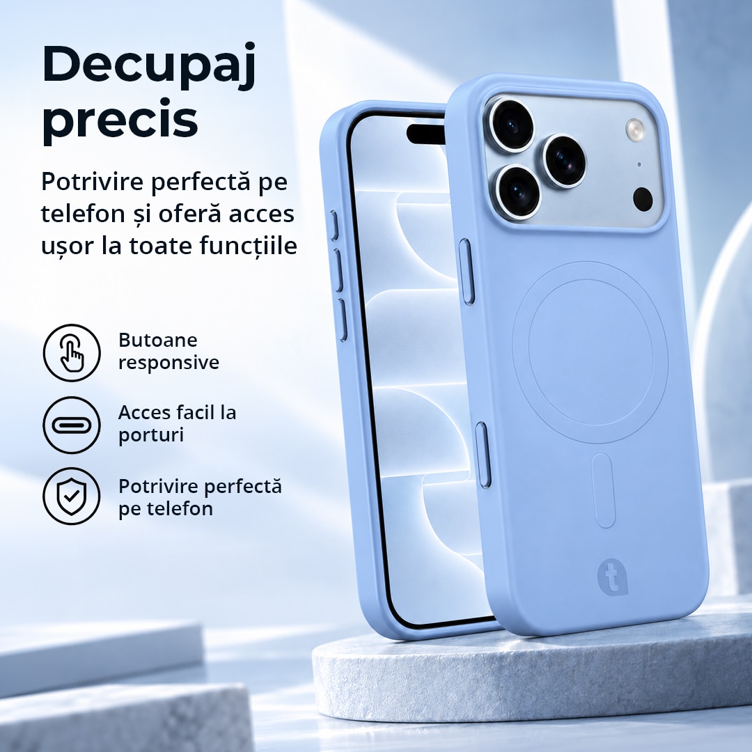 Husa de protectie TelefonulTau® pentru Apple iPhone 18 Pro / 17 Pro, compatibila MagSafe, Bumper Camera, Design Slim, Silicon Premium, Light Blue