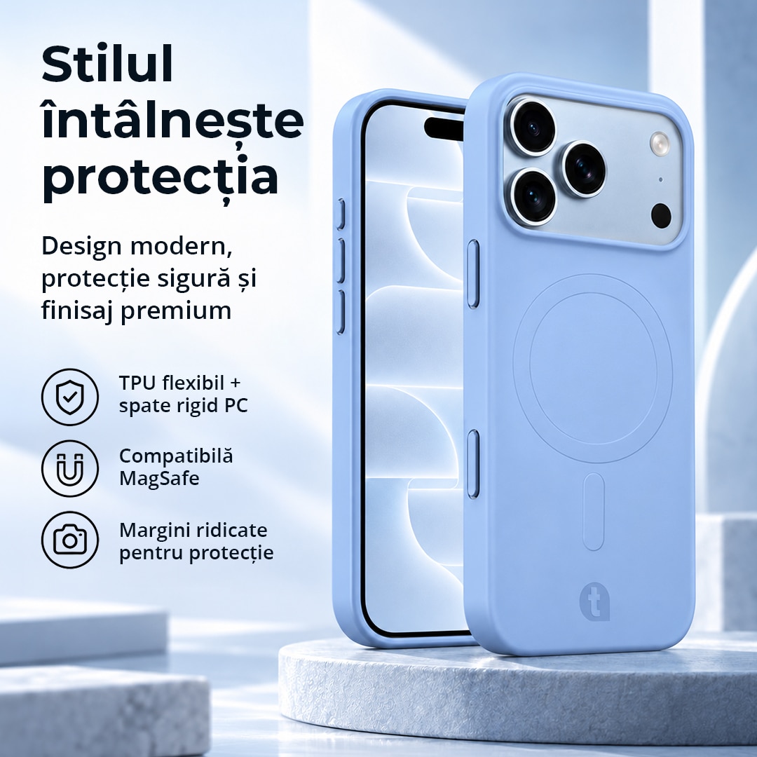 Husa de protectie TelefonulTau® pentru Apple iPhone 18 Pro / 17 Pro, compatibila MagSafe, Bumper Camera, Design Slim, Silicon Premium, Light Blue