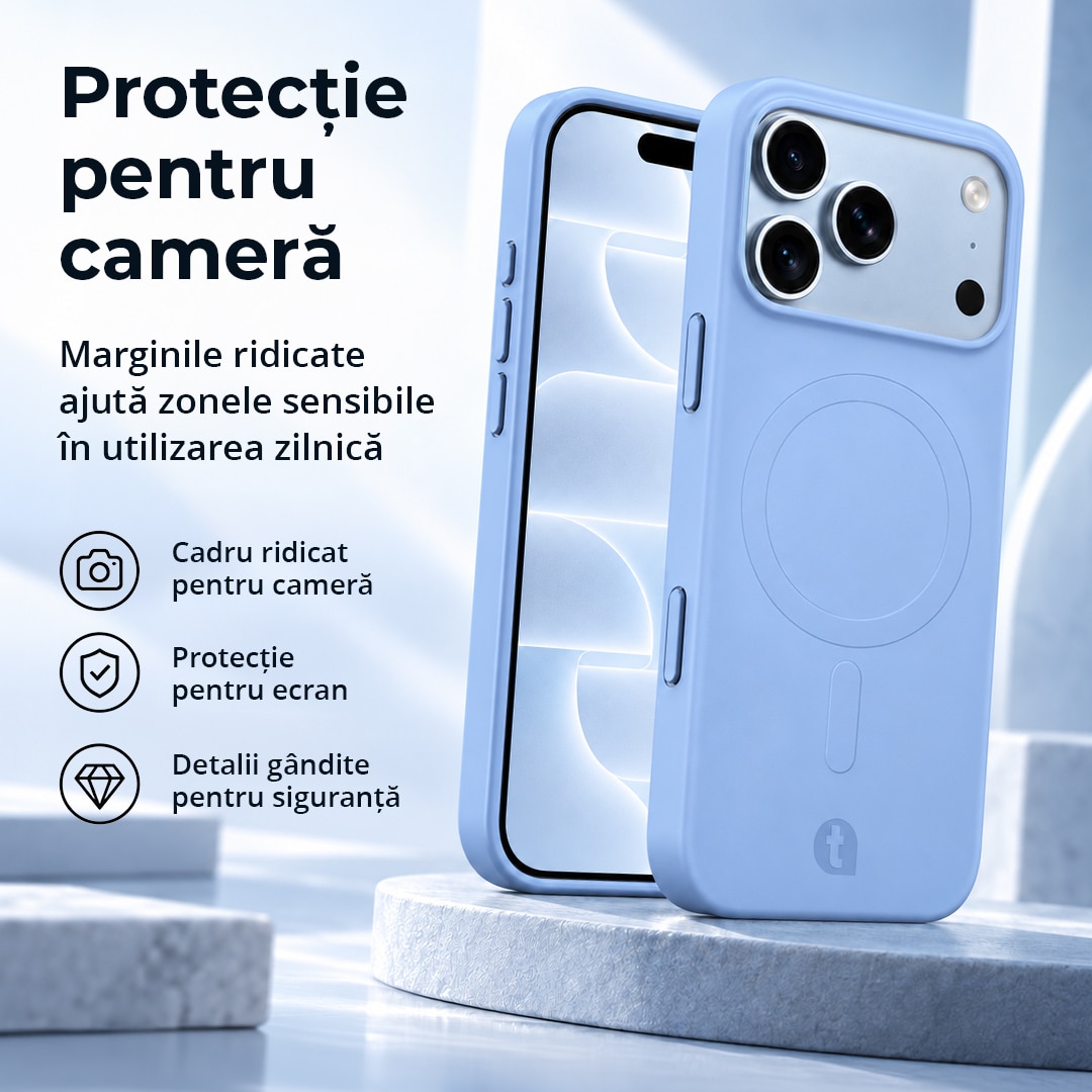 Husa de protectie TelefonulTau® pentru Apple iPhone 18 Pro / 17 Pro, compatibila MagSafe, Bumper Camera, Design Slim, Silicon Premium, Light Blue