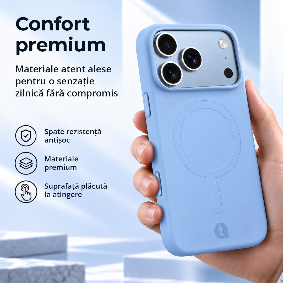 Husa de protectie TelefonulTau® pentru Apple iPhone 18 Pro / 17 Pro, compatibila MagSafe, Bumper Camera, Design Slim, Silicon Premium, Light Blue