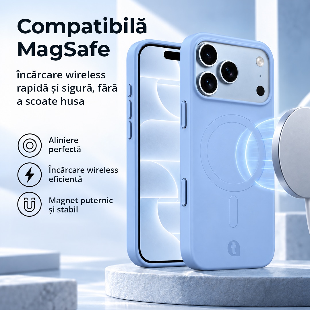 Husa de protectie TelefonulTau® pentru Apple iPhone 18 Pro / 17 Pro, compatibila MagSafe, Bumper Camera, Design Slim, Silicon Premium, Light Blue