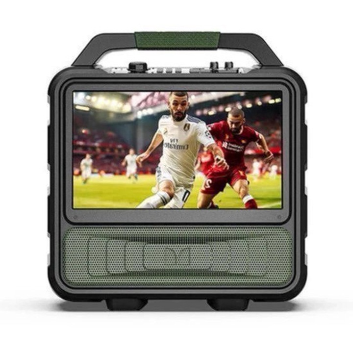 Televizor portabil outdoor Corenia QRE-4100050, 15,6" Full HD IPS, 60W audio, Bluetooth 5.3, IPX4, baterie 25h audio/8h video, HDMI x2/USB/microfon-intrare, negru-verde
