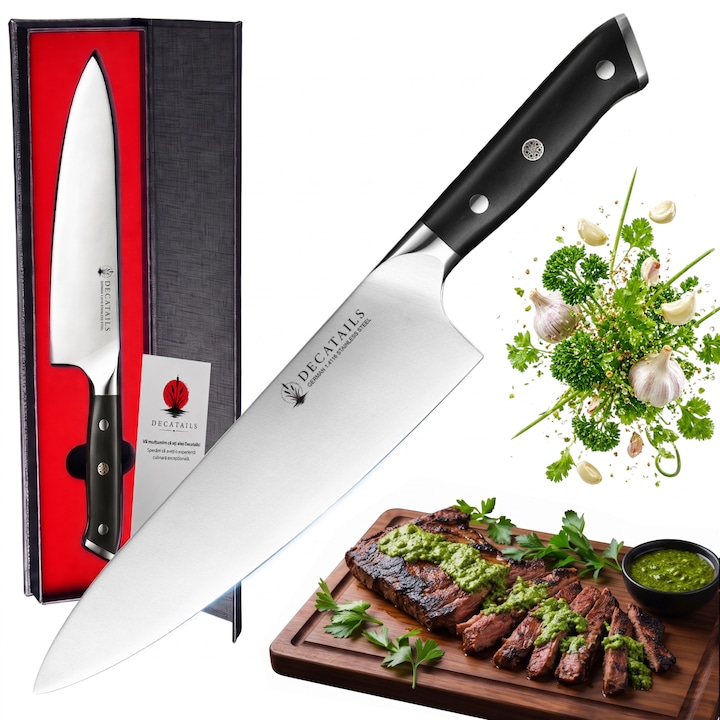 Cutitul Bucatarului Profesional Decatails™ Lama 21 cm, Otel German Premium 1.4116, Maner Lemn Natural Abanos, 56–58 HRC, Ascutit Manual 15°