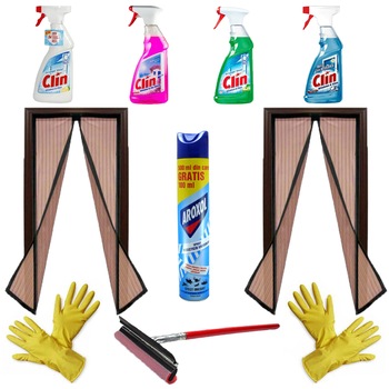 Pachet - 2 x Plasa maro pentru insecte cu inchidere magnetica, 90x210cm + Aroxol spray insecticid universal + 2 x Manusi din cauciuc + Stergator geam + 4 x Clin pentru geamuri (vis mediteranean, lamaie, mar verde, clasic) Pachet - 2 x Plasa maro pentru insecte cu inchidere magnetica, 90x210cm + Aroxol spray insecticid universal + 2 x Manusi din cauciuc + Stergator geam + 4 x Clin pentru geamuri (vis mediteranean, lamaie, mar verde, clasic)