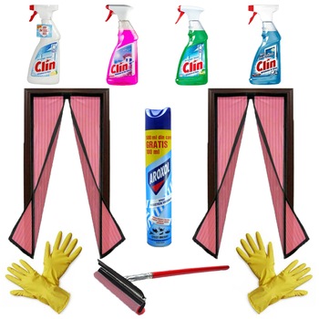 Pachet - 2 x Plasa roz de insecte cu inchidere magnetica, 90x210cm + Aroxol spray insecticid universal + 2 x Manusi din cauciuc + Stergator geam + 4 x Clin pentru geamuri (vis mediteranean, lamaie, mar verde, clasic) Pachet - 2 x Plasa roz de insecte cu inchidere magnetica, 90x210cm + Aroxol spray insecticid universal + 2 x Manusi din cauciuc + Stergator geam + 4 x Clin pentru geamuri (vis mediteranean, lamaie, mar verde, clasic)