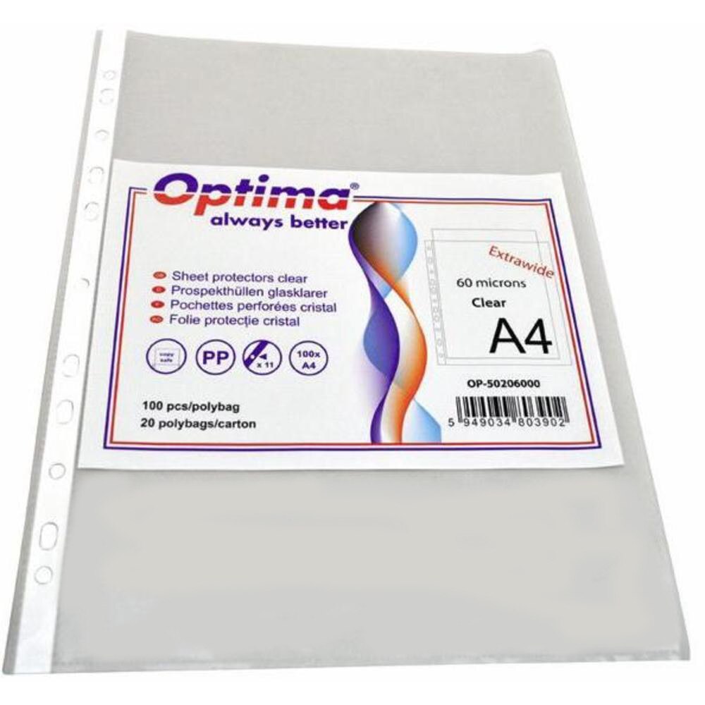 Folie protectie pentru documente A4, 60 microni, 100/set, Optima Extra Wide - cristal