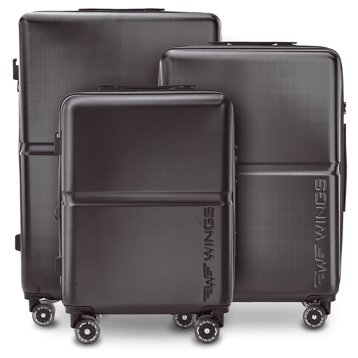 Комплект от 3 куфара Wings Magpie Mgp01 S M L, 100% поликарбонат, разширяеми куфари с 2 см, общ капацитет до 213 л, TSA ключалки, двойни гумени колела и корпус с релефно лого за ваканции