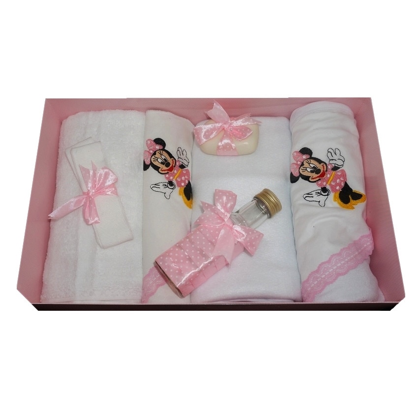 Trusou pentru botez, 7 piese, brodat cu figurina, Minnie Mouse, Little Angel, roz