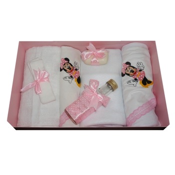 Trusou pentru botez, 7 piese, brodat cu figurina, Minnie Mouse, Little Angel, roz Trusou pentru botez, 7 piese, brodat cu figurina, Minnie Mouse, Little Angel, roz