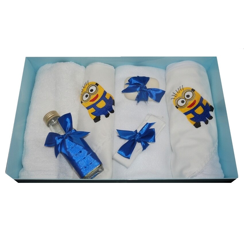Trusou pentru botez, 7 piese, brodat cu figurina, Minion, Little Angel, albastru