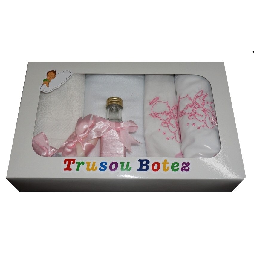 Trusou pentru botez, 7 piese, brodat cu figurina, Ingeras, Little Angel, roz