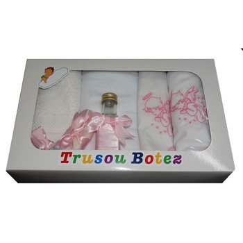 Trusou pentru botez, 7 piese, brodat cu figurina, Ingeras, Little Angel, roz Trusou pentru botez, 7 piese, brodat cu figurina, Ingeras, Little Angel, roz