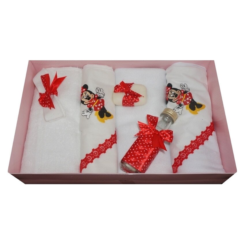 Trusou pentru botez, 7 piese, brodat cu figurina, Minnie Mouse, Little Angel, rosu