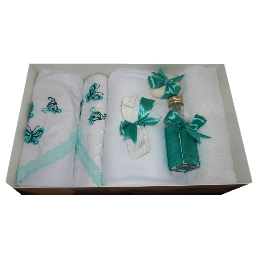 Trusou pentru botez, 7 piese, brodat cu figurina, Fluturi, Little Angel, verde