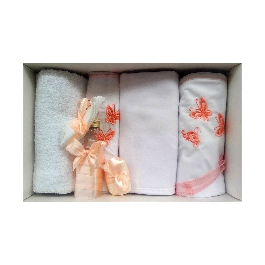Trusou pentru botez, 7 piese, brodat cu figurina, Fluturi, Little Angel, somon