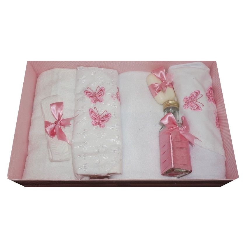 Trusou pentru botez, 7 piese, brodat cu figurina, Fluturi, Little Angel, roz