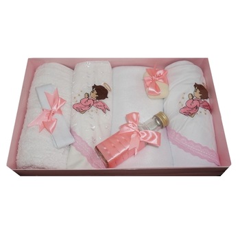 Trusou pentru botez, 7 piese, brodat cu figurina, Ingeras, Little Angel, roz Trusou pentru botez, 7 piese, brodat cu figurina, Ingeras, Little Angel, roz