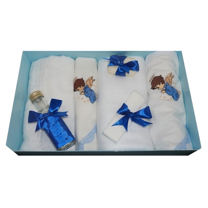 Trusou pentru botez, 7 piese, brodat cu figurina, Ingeras, Little Angel, albastru