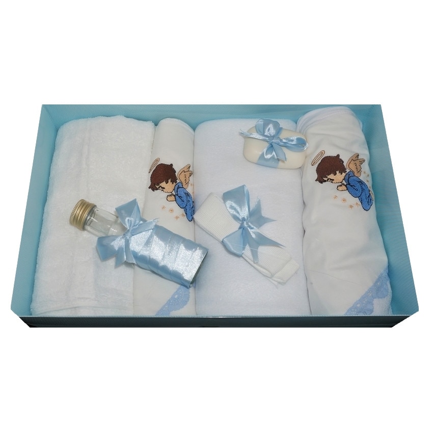 Trusou pentru botez, 7 piese, brodat cu figurina, Ingeras, Little Angel, bleu