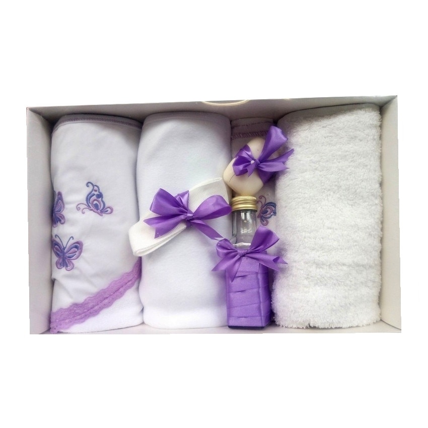 Trusou pentru botez, 7 piese, brodat cu figurina, Fluturi, Little Angel, mov deschis