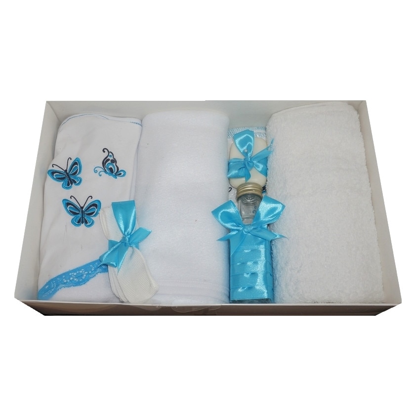 Trusou pentru botez, 7 piese, brodat cu figurina, Fluturi, Little Angel, albastru