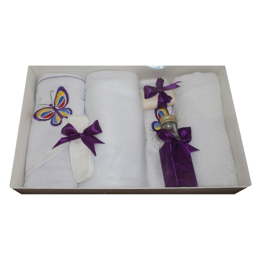 Trusou pentru botez, 7 piese, brodat cu figurina, Fluturi, Little Angel, mov