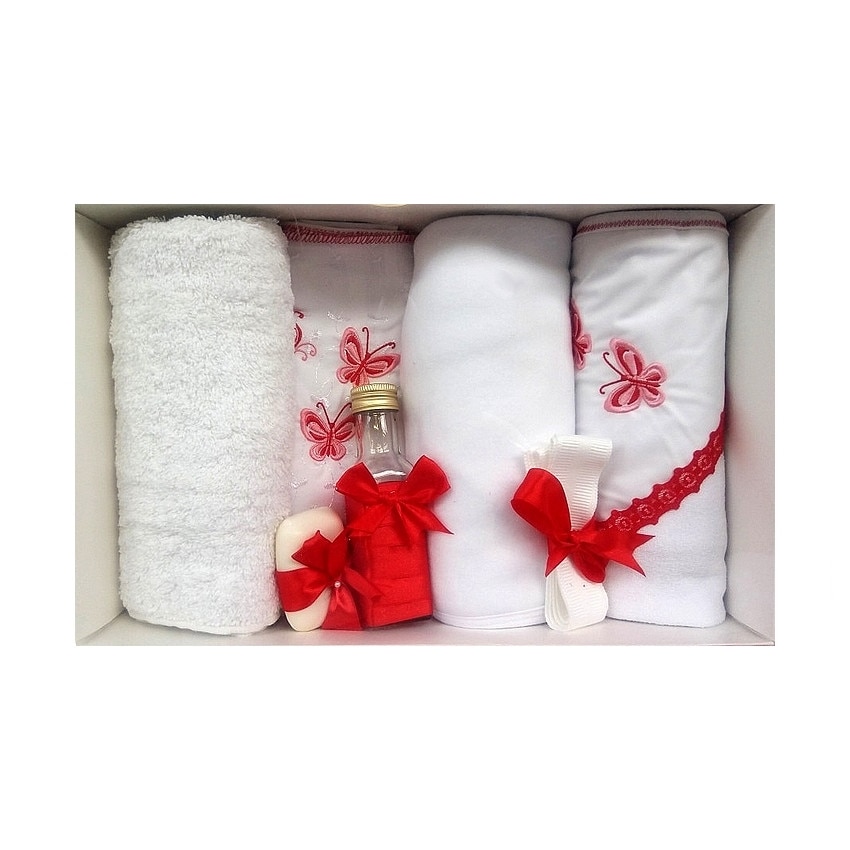 Trusou pentru botez, 7 piese, brodat cu figurina, Fluturi, Little Angel, rosu