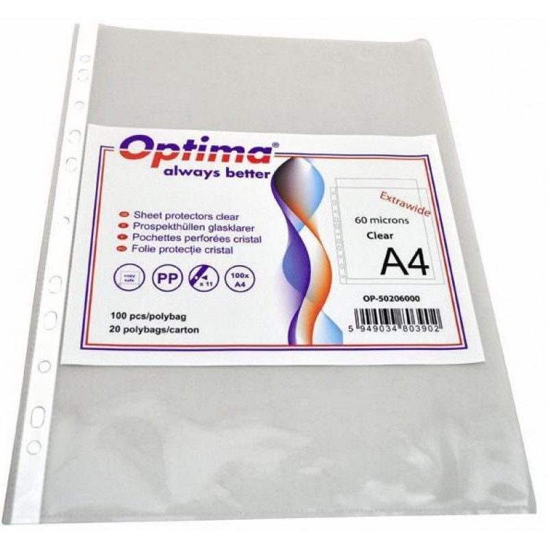 Folie protectie pentru documente Optima A4, 60 microni, 100/set, Extra Wide - transparent