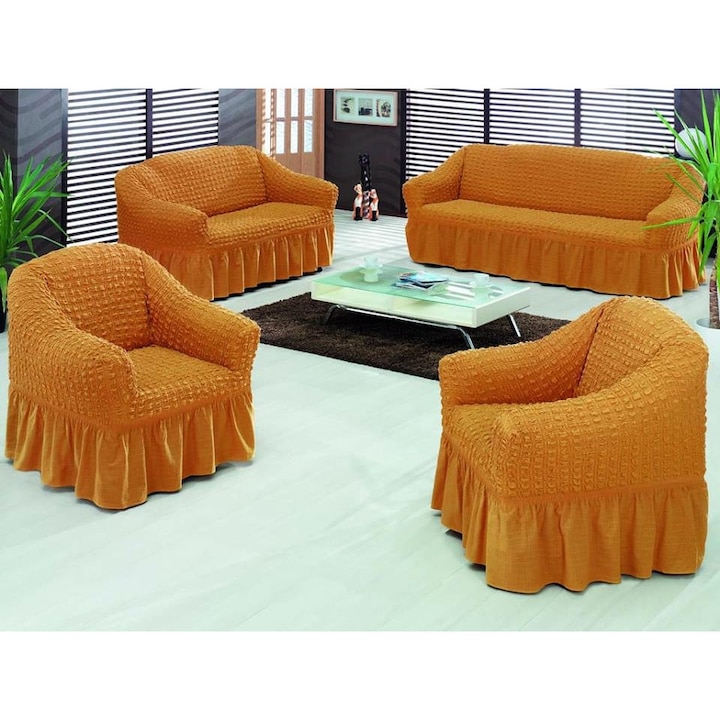 4 darabos készlet, 1 huzat egy 3 személyes kanapéhoz, 1 huzat egy 2 személyes kanapéhoz és 2 huzat fotelekhez - Narancssárga, Davay®