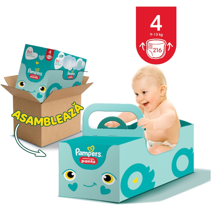 Scutece-chilotel Pampers Active Baby Pants XXL Box cu masinuta din carton pentru copii, Marimea 4, 9k-15kg, 216 buc