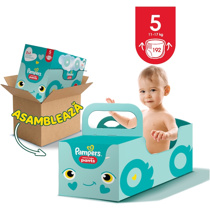 Scutece-chilotel Pampers Active Baby Pants XXL Box cu masinuta din carton pentru copii, Marimea 5, 11kg-17kg, 192 buc