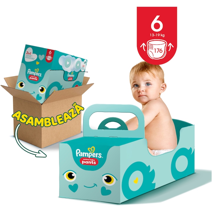 Scutece-chilotel Pampers Active Baby Pants XXL Box cu masinuta din carton pentru copii, Marimea 6, 13kg-19kg, 168 buc